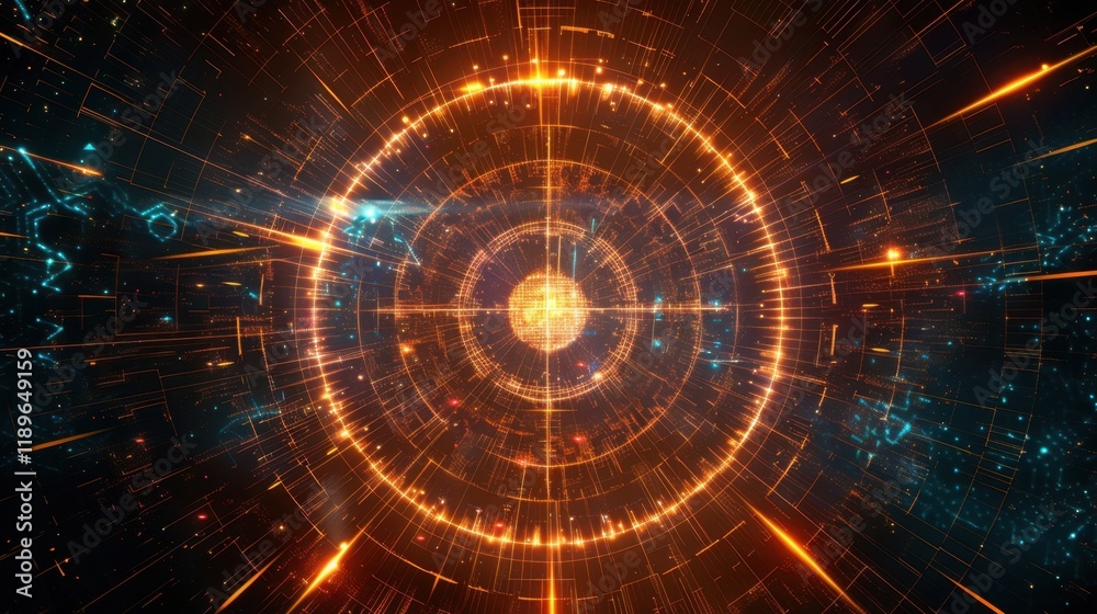 Abstract digital art depicting glowing circular pattern with vibrant orange and blue lines radiating outward, creating sense of depth and energy Abstract digital art depicting glowing circular pattern with vibrant orange and blue lines radiating outward, creating sense of depth and energy