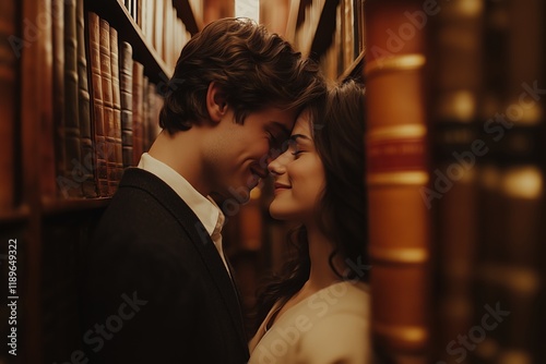 Young couple whispering and laughing between library bookshelves, enjoying a romantic and intimate moment together