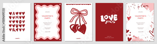Valentine's Day greeting card, poster set. Trendy romantic vintage naive style hand drawn hearts pattern, love you calligraphy. Vector illustration in pink, red color. Party invitation template design