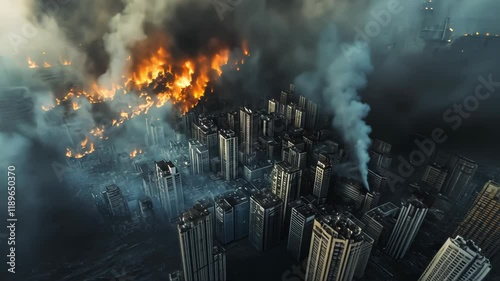 Aerial view of a city engulfed in smoke and flames, depicting a severe disaster scenario.