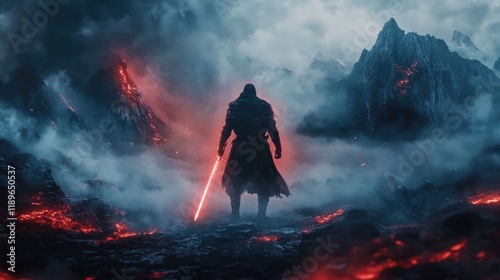 A lone warrior stands defiantly before a fiery volcanic landscape, his red lightsaber gleaming in the ominous mist. Epic fantasy adventure.