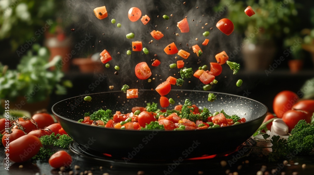 Fresh vegetables tossed in a hot pan, steam rising. Fresh vegetables tossed in a hot pan, steam rising.