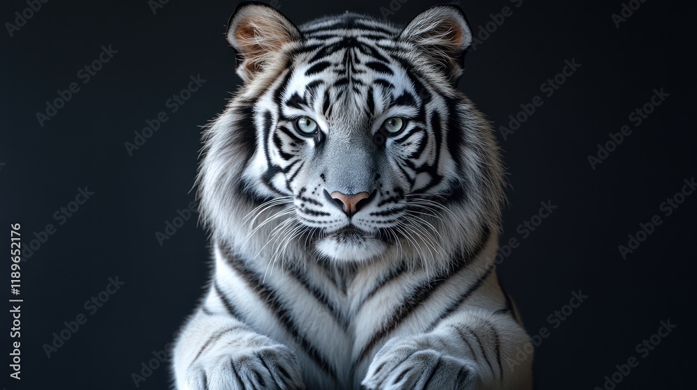 Fototapeta premium White tiger with paws forward, center, on dark background, could be used in print or digital media