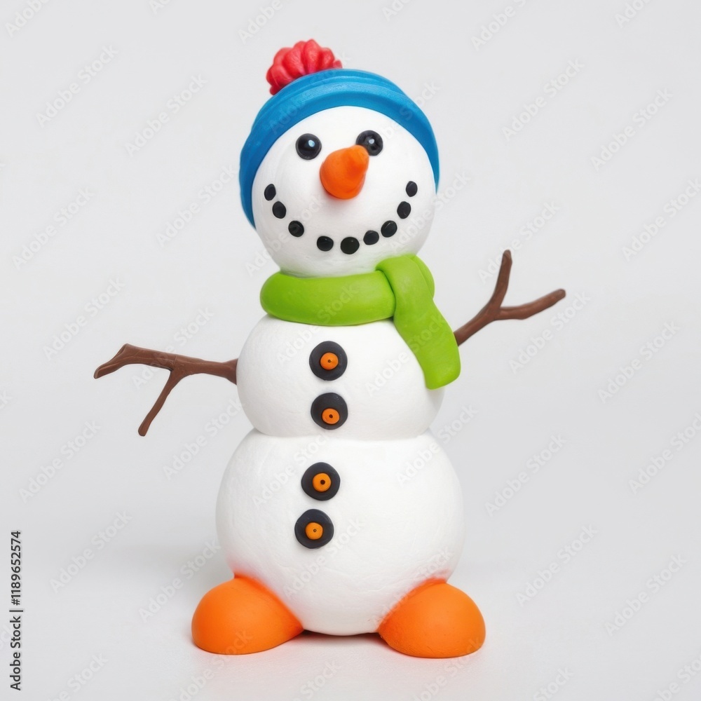 A cheerful snowman made of clay, wearing a blue hat, green scarf, with button decorations and stick arms, standing on an empty background A cheerful snowman made of clay, wearing a blue hat, green scarf, with button decorations and stick arms, standing on an empty background