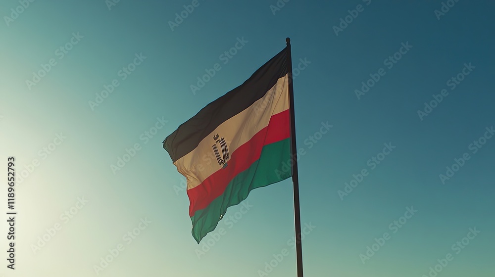 A close-up shot of the Palestinian flag waving gently in the wind against a clear blue sky. A close-up shot of the Palestinian flag waving gently in the wind against a clear blue sky.