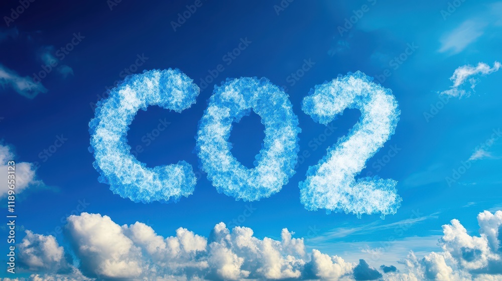 Blue sky with CO2 chemical formula and clouds. Carbon dioxide emissions Blue sky with CO2 chemical formula and clouds. Carbon dioxide emissions