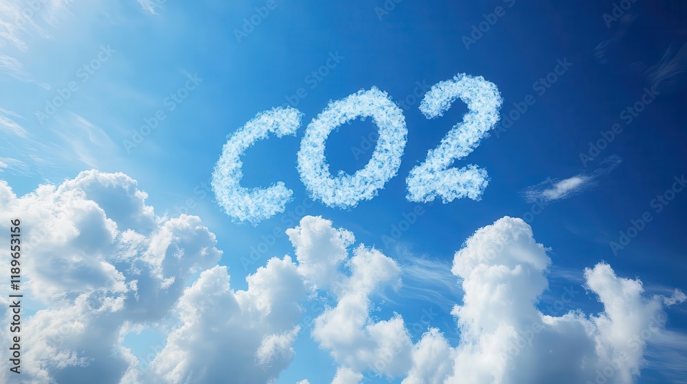Blue sky with CO2 chemical formula and clouds. Carbon dioxide emissions Blue sky with CO2 chemical formula and clouds. Carbon dioxide emissions