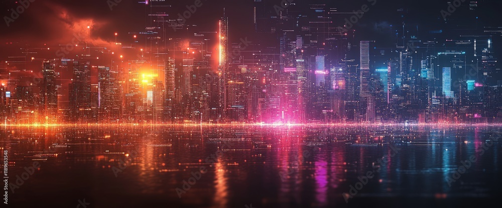 Fototapeta premium Futuristic city skyline reflected in water at night.