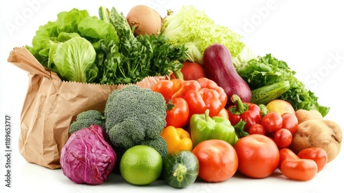 Fototapeta Naklejka Na Ścianę i Meble -  Healthy food background. Healthy food in paper bag vegetables and fruits on white. Food delivery, shopping food supermarket concept