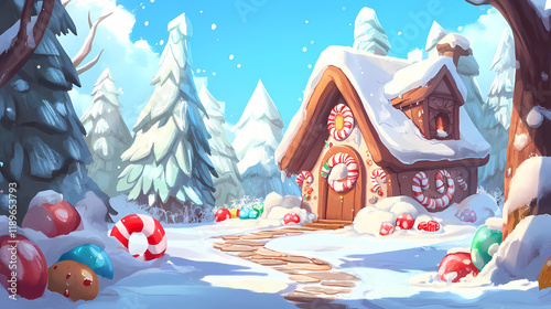 Christmas house in the forest with candies and winter holiday ornaments. santa gingerbread house on the snow. crystalized forest. illustration. Crystalshade. Illustration photo