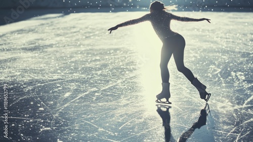 Silhouette of figure skater gliding on ice rink.