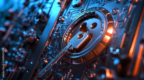 Close-up of decryption key entering security system with encrypted background clearing up for cybersecurity concepts. Crystalshade. Illustration