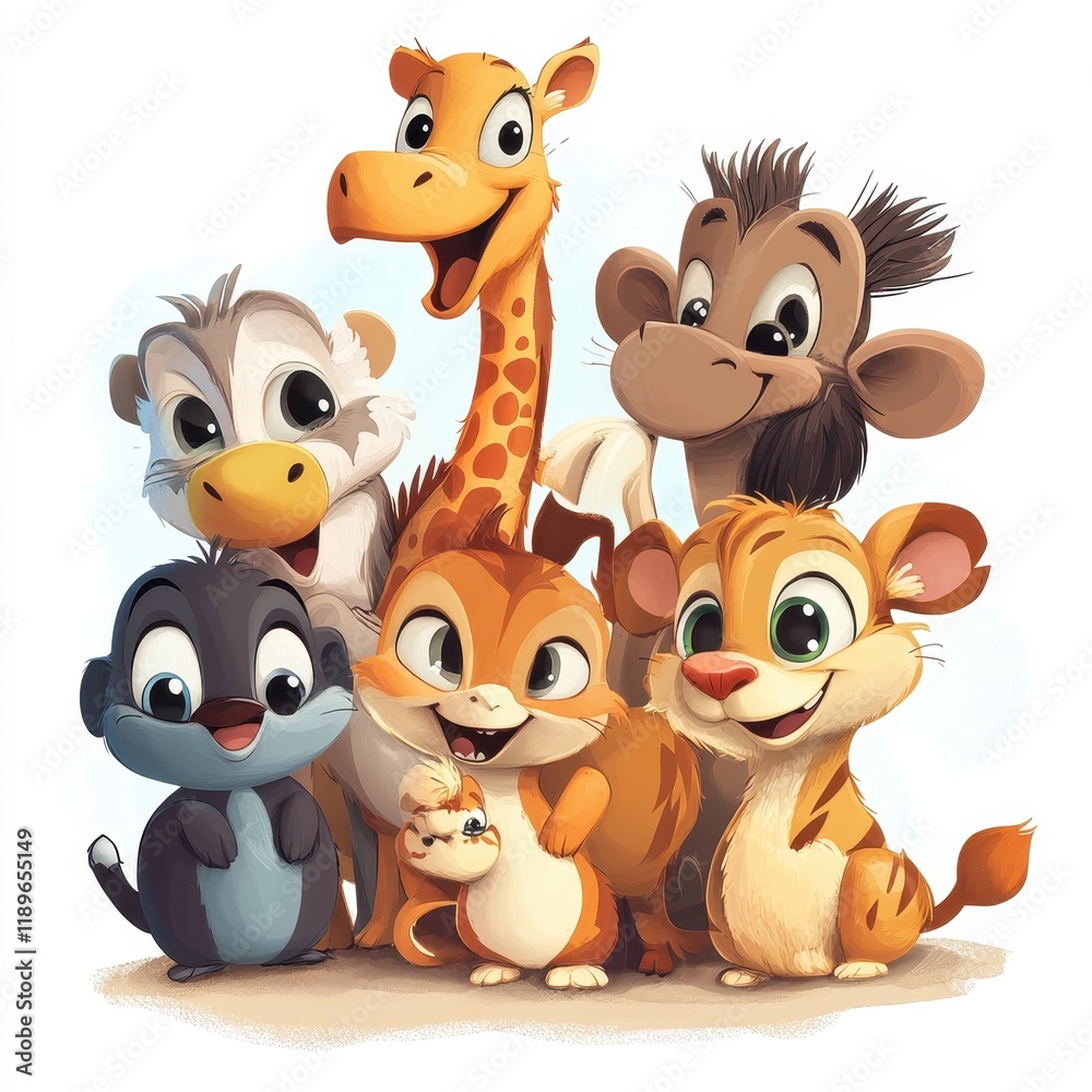 Naklejka premium Adorable Cartoon Animals Grouped Together In A Friendly Pose
