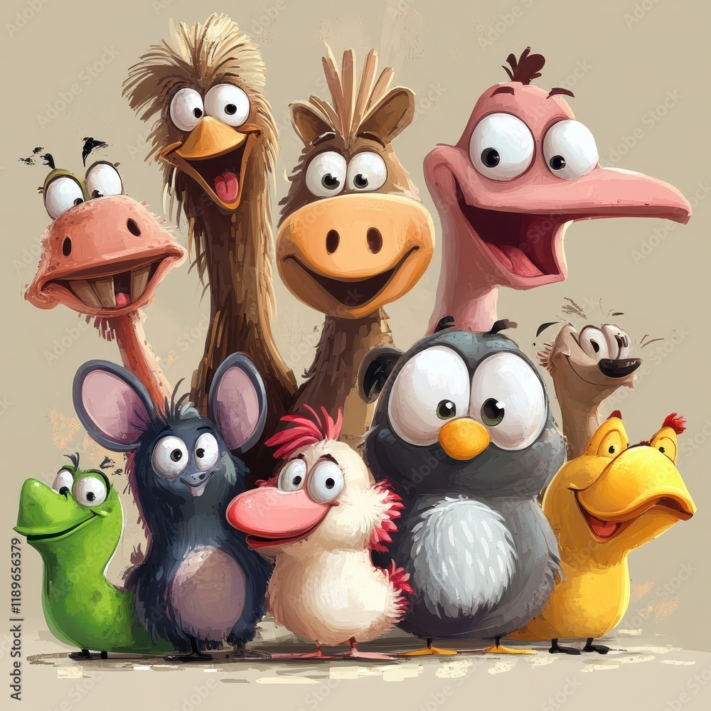 Fototapeta premium A Group Of Cartoon Animals Posing Together Happily