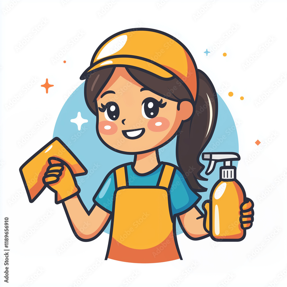 Cartoon cleaner girl holding a cloth and cleaning spray bottles, vector flat icon illustration, modern line icon for advertisement or logo, cleaning service Cartoon cleaner girl holding a cloth and cleaning spray bottles, vector flat icon illustration, modern line icon for advertisement or logo, cleaning service