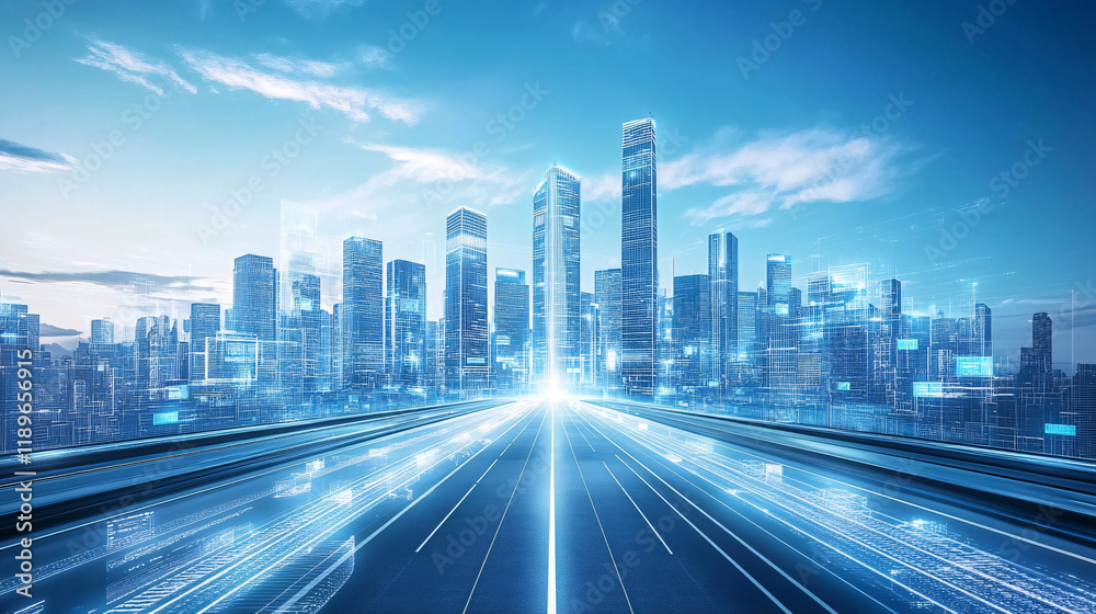 A futuristic cityscape with illuminated skyscrapers and light trails on a highway under a vibrant blue sky
A futuristic cityscape with illuminated skyscrapers and light trails on a highway under a vibrant blue sky