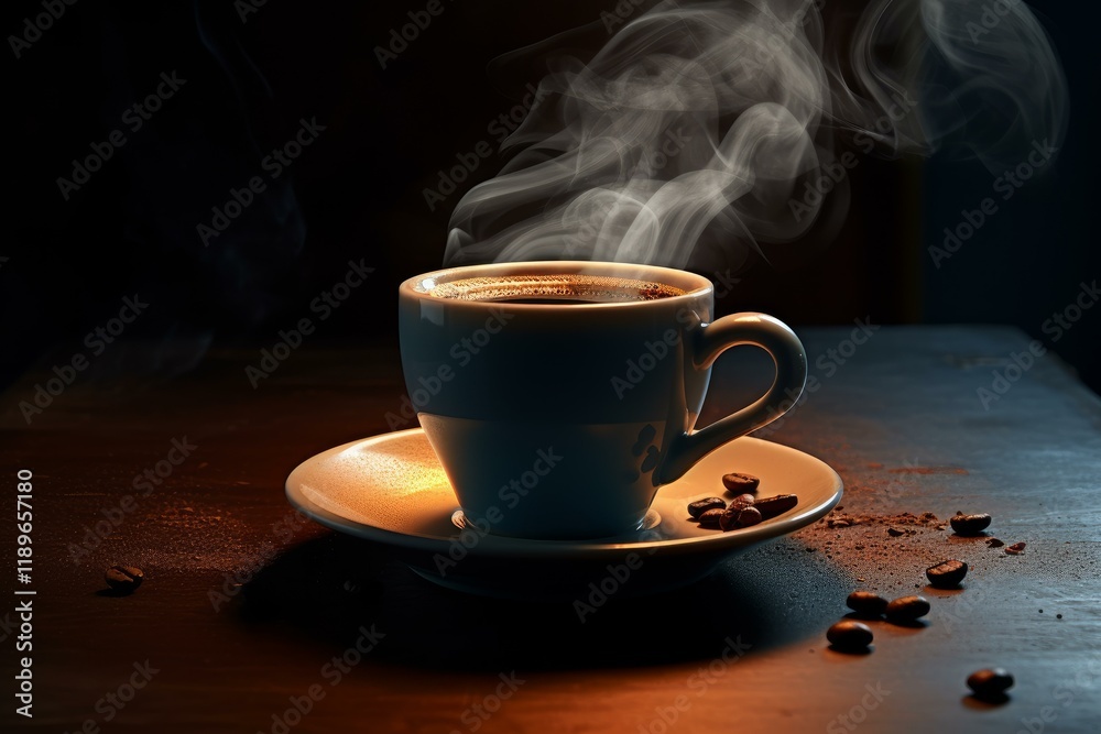 Aromatic coffee is emanating steam, creating a cozy ambiance on the wooden table with scattered coffee beans Aromatic coffee is emanating steam, creating a cozy ambiance on the wooden table with scattered coffee beans