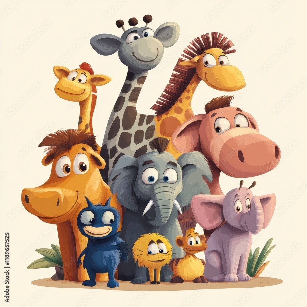 Naklejka premium Happy Cartoon Animals Gather Together In A Group