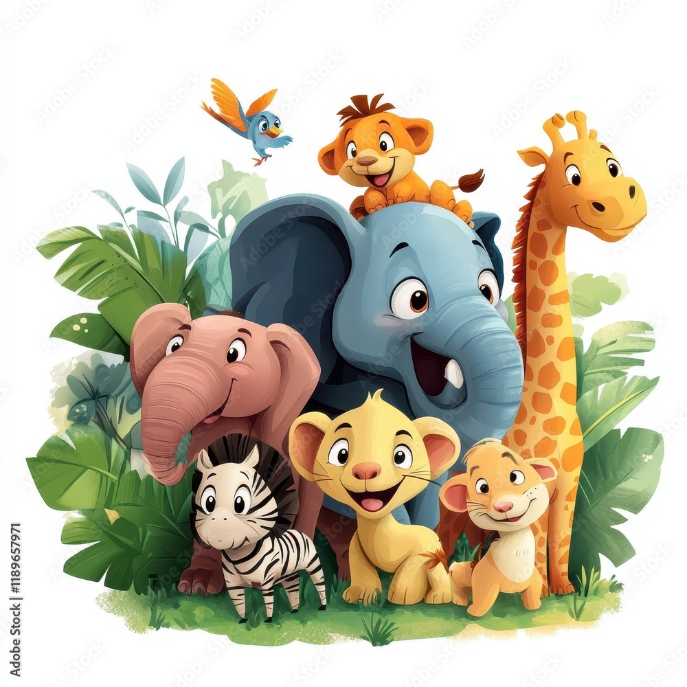 Naklejka premium Adorable African Animals Gather Joyfully In Lush Foliage