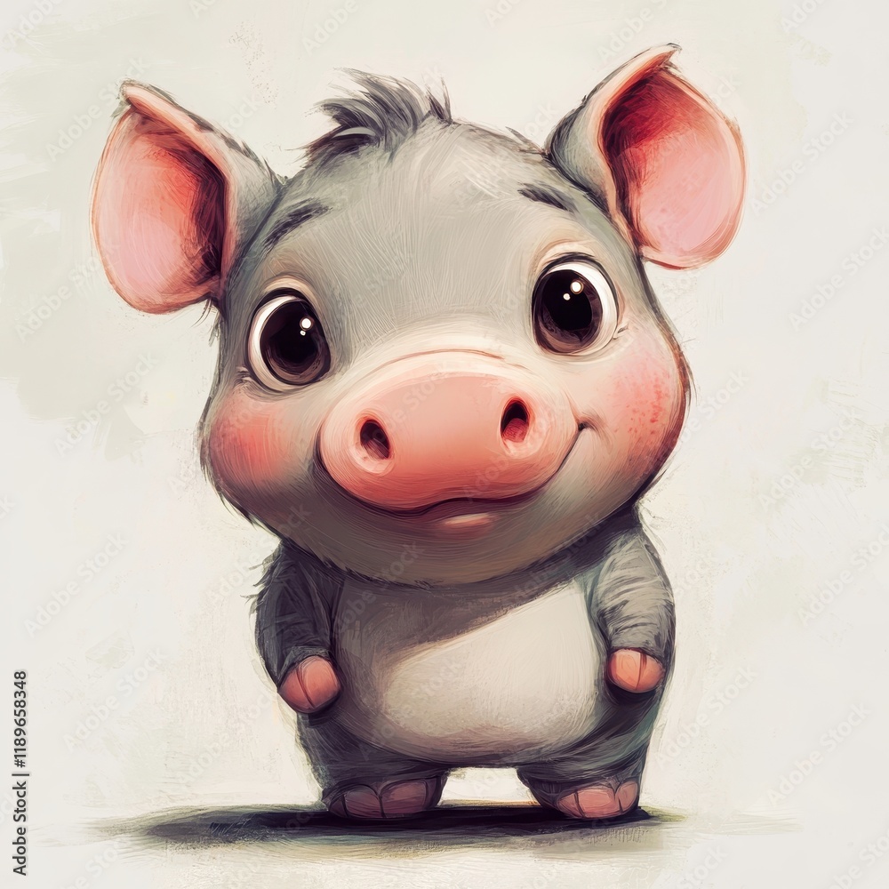 Naklejka premium Adorable Gray Piglet Digital Painting Illustration