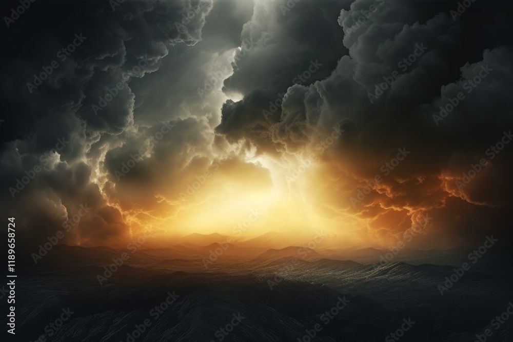 Obraz premium Golden sunset illuminating mountain range under an intense and dramatic cloudscape, creating a breathtaking and awe inspiring natural spectacle