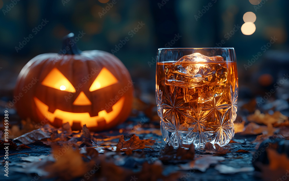 Halloween Night: Jack-o'-lantern and Whiskey on Autumn Leaves Halloween Night: Jack-o'-lantern and Whiskey on Autumn Leaves
