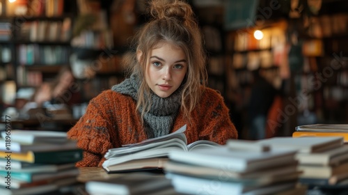 Young woman studying surrounded by books in a library.