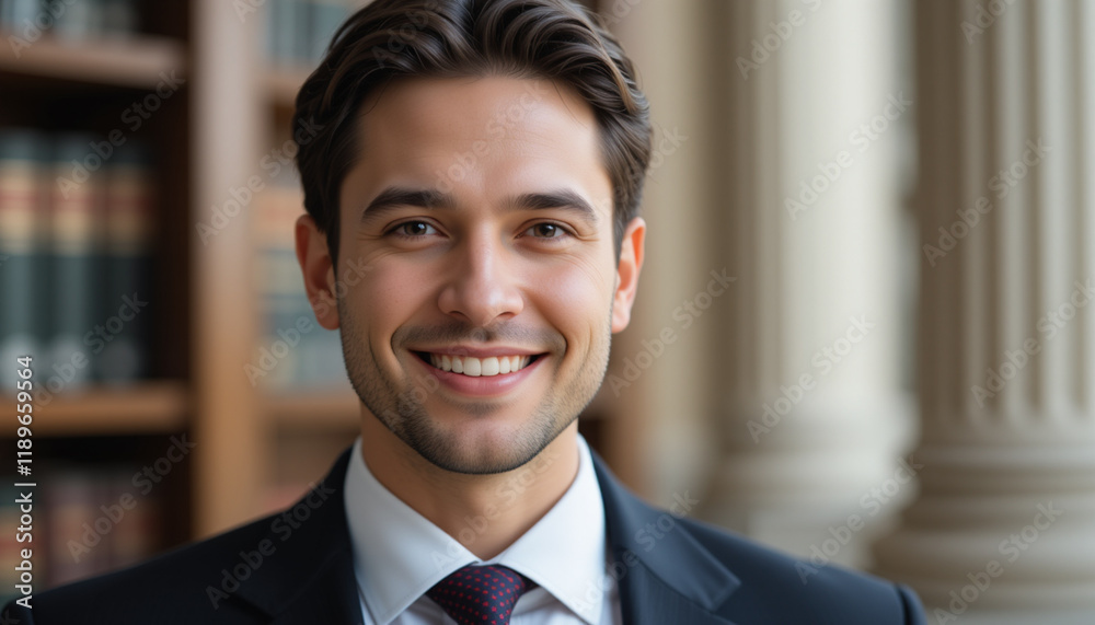 Smiling lawyer in a professional suit, demonstrating legal confidence and approachability Smiling lawyer in a professional suit, demonstrating legal confidence and approachability