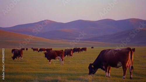 Tranquil Cows Grazing in Evening Glow on Grassland