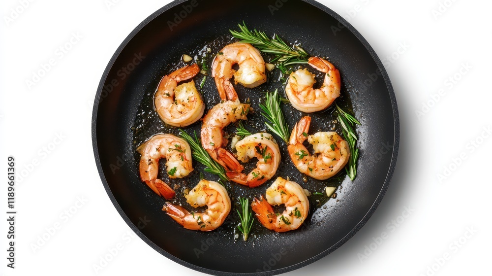 Roast Prawns Shrimps in a pan with herbs and garlic. Isolated, white background. Top view Roast Prawns Shrimps in a pan with herbs and garlic. Isolated, white background. Top view