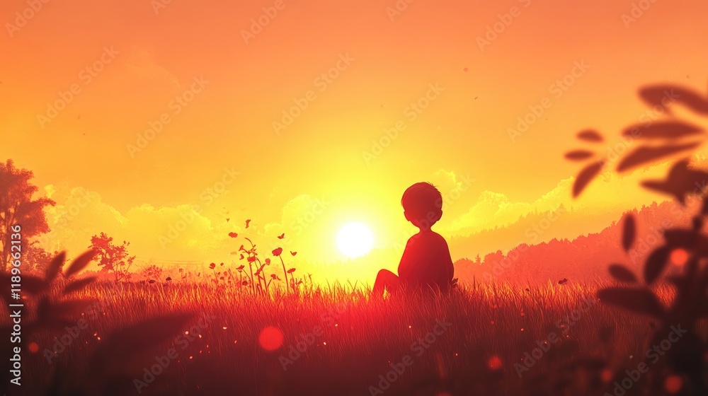 Sunset Serenity: A Child's Peaceful Contemplation Sunset Serenity: A Child's Peaceful Contemplation