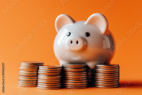 Piggy bank and stacked coins isolated on orange background for saving concept