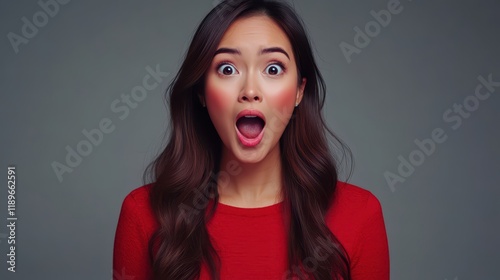 Wow. Beautiful female half-length front portrait isolated on gray studio backgroud. Young emotional surprised asian woman standing with open mouth. Human emotions, facial expression concept.