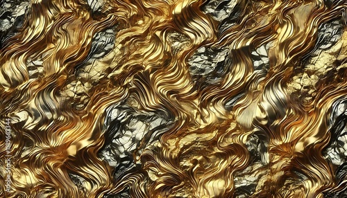Seamless metallic gold foil texture with bold hammered patterns, rough shimmering surface, and a rich luxurious look, generative ai