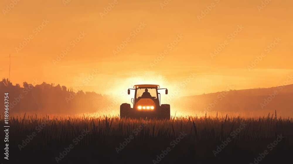 Fototapeta premium A silhouette of a tractor against a vibrant sunset in a rural landscape.