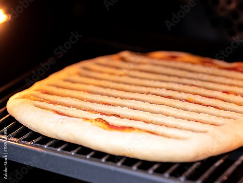 Rectangular flatbread baking in oven, scored with lines, tomato topping and sugar. photo