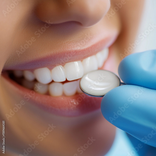 Dentist applying dental veneer to a patient's smiling mouth in a bright clinical setting