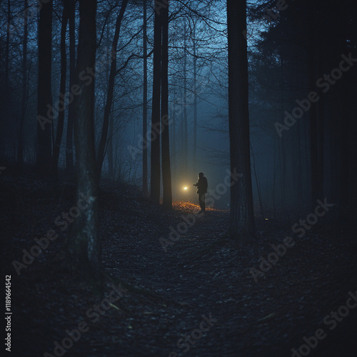 Dark forest with a lone figure holding a lantern during a misty evening walk