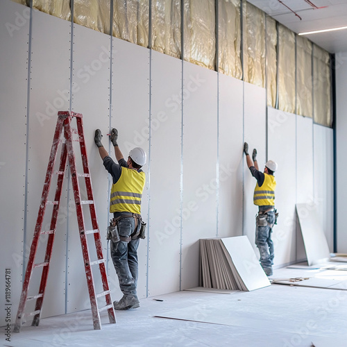 Workers install drywall in a modern construction site during daytime renovations