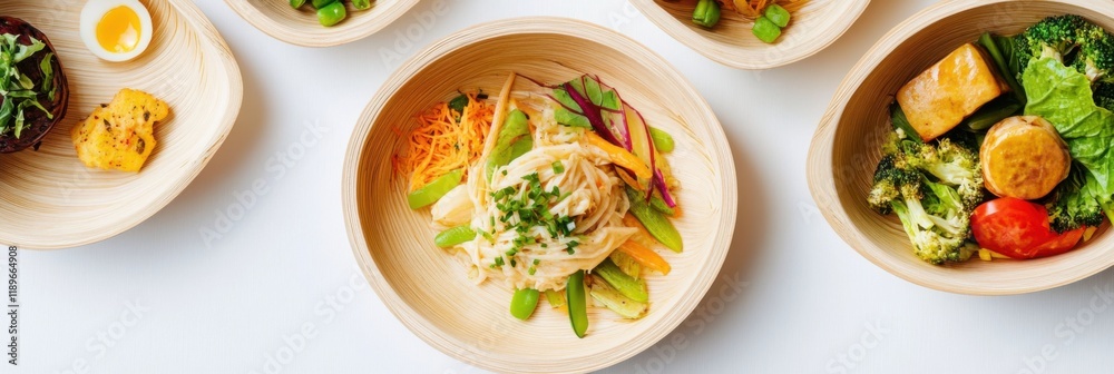 Compostable palm leaf plates arranged on a white table with vibrant food display Compostable palm leaf plates arranged on a white table with vibrant food display