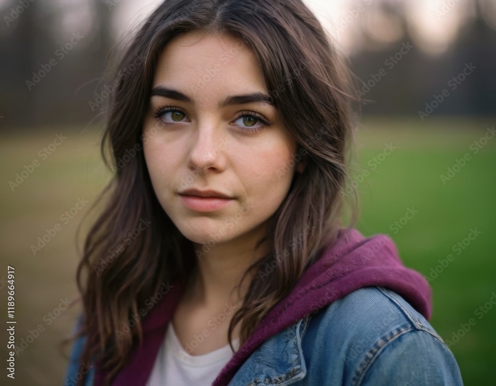 a young woman with long, wavy brown hair and fair skin. She has a calm and neutral expression on her face. She is wearing a denim jacket over a maroon hoodie and a white top a young woman with long, wavy brown hair and fair skin. She has a calm and neutral expression on her face. She is wearing a denim jacket over a maroon hoodie and a white top