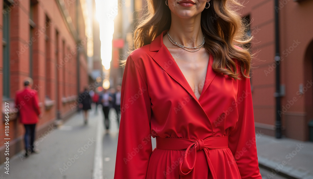 Obraz premium Sophisticated banner depicting a chic Caucasian woman in a radiant red outfit for National Wear Red Day, emphasizing heart health awareness.