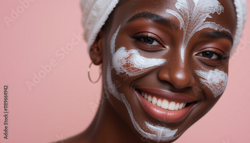 Afro-American woman enjoying skincare routine, highlighting black beauty and self-care moments. photo