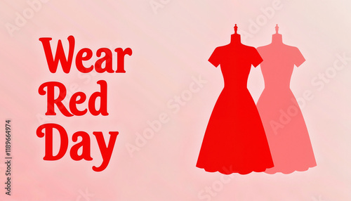 Vibrant graphic banner for National Wear Red Day featuring playful designs of red dresses, promoting heart health awareness and community involvement. photo