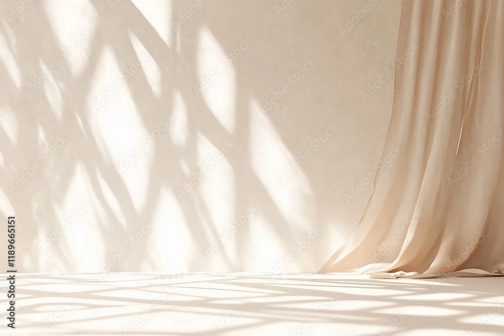 Obraz premium Minimalistic abstract gentle light beige background for product presentation with light and shadow of window curtains on wall.