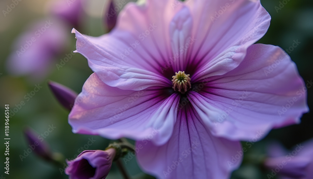 Charming close up of a blooming purple flower featuring intricate petals, softly lit by sunlight, creating a serene and harmonious natural scene. Charming close up of a blooming purple flower featuring intricate petals, softly lit by sunlight, creating a serene and harmonious natural scene.