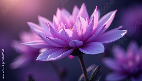 Exquisite close up of a soft purple flower with a beautifully detailed structure, perfectly lit by gentle sunlight, expressing tranquility and beauty in nature.