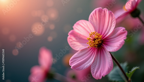 Artistic close up of a delicate pink flower with unique petals, beautifully captured against a soft, blurred garden background in sunlight.