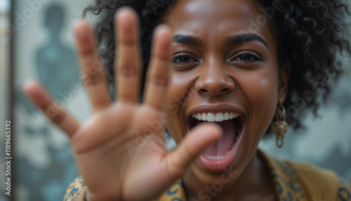 Black woman raising hand in stop gesture as part of a protest against injustice and inequality photo