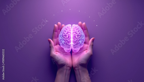 Vibrant illustration of a glowing purple brain held in hands on a soft purple background for International Epilepsy Day, featuring ample space for impactful text